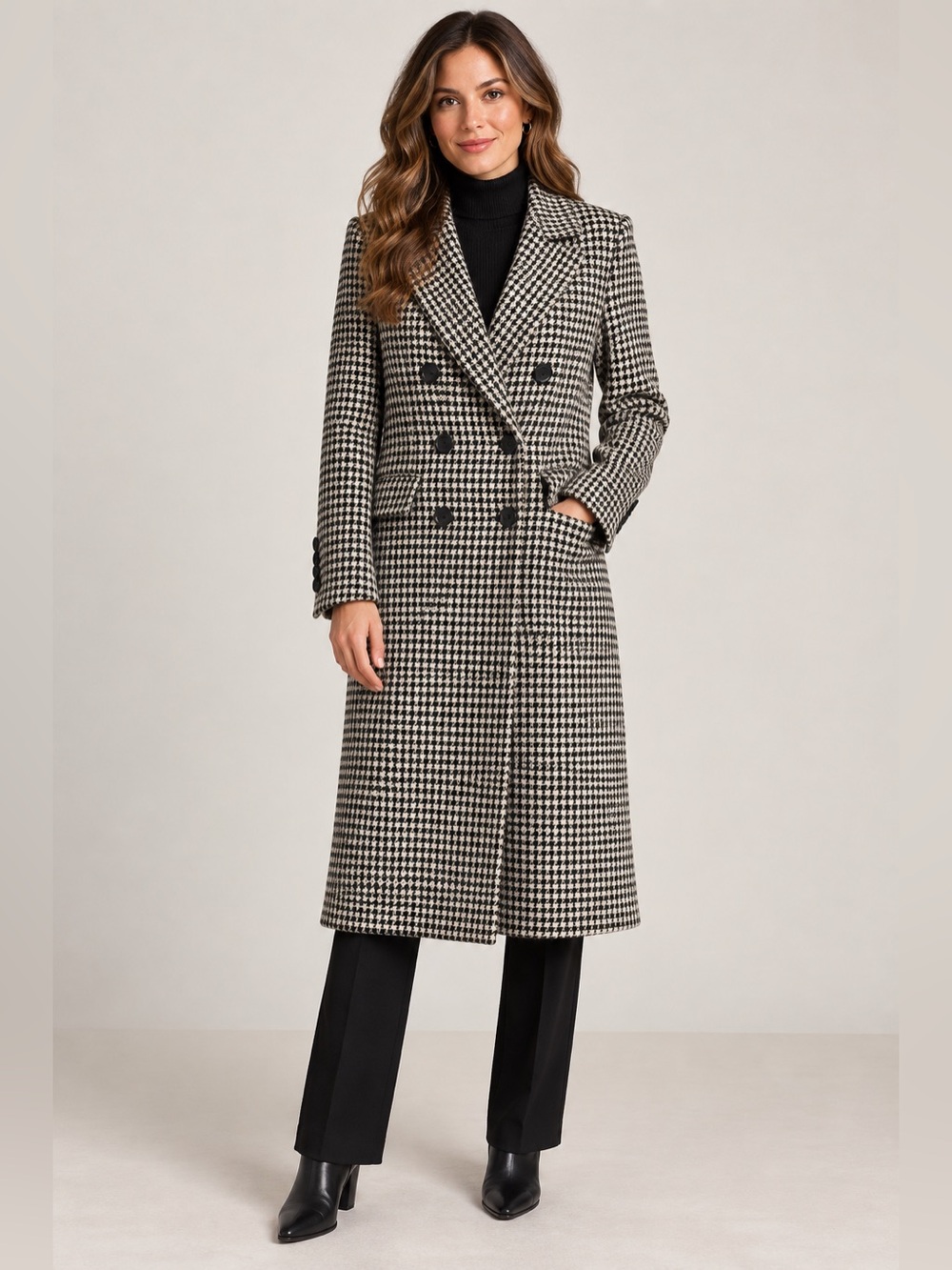 Banana Republic Petite XS Houndstooth Wool Blend Double Breasted Long Coat
